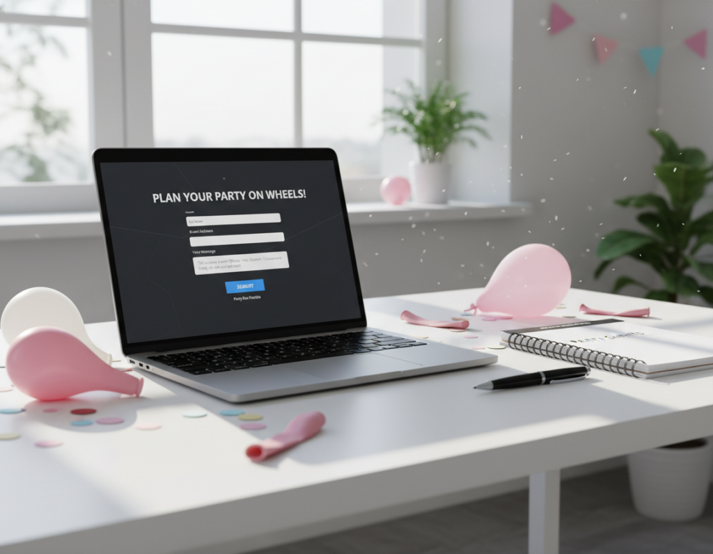 A beautifully arranged contact form displayed on a clean, minimalist desk in a bright, well-lit office environment. The foreground features a modern laptop open to a sleek online contact form with input fields visible, including name, email, and message sections. Surrounding the laptop are colorful party-themed decorations, such as pink balloons and confetti, subtly hinting at celebrations like birthdays and baby parties. In the middle ground, a well-organized notepad and a pen can be seen, adding to the professional yet festive atmosphere. In the background, soft natural light streams in through a window, creating a warm and inviting mood. The focus should be on the contact form, emphasizing its importance for inquiries about party bus rentals.