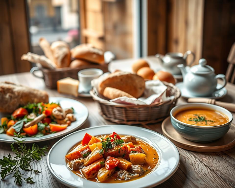 A beautifully arranged table featuring traditional regional specialties from Leipzig, such as Leipziger Allerlei, a colorful vegetable medley with fresh herbs, alongside a plate of hearty Saxon potato soup. In the foreground, artisanal breads and local cheeses are artfully displayed, exuding warmth and hospitality. The middle ground introduces quaint café elements, like an elegant coffee cup and delicate pastries, with a rustic wooden backdrop that hints at a cozy restaurant ambiance. Soft, natural lighting illuminates the scene, creating a welcoming mood, while slight depth of field draws attention to the culinary delights. The background features subtle hints of Leipzig's architectural charm, enhancing the local vibe without distraction. This harmonious composition reflects a culinary journey through Leipzig.