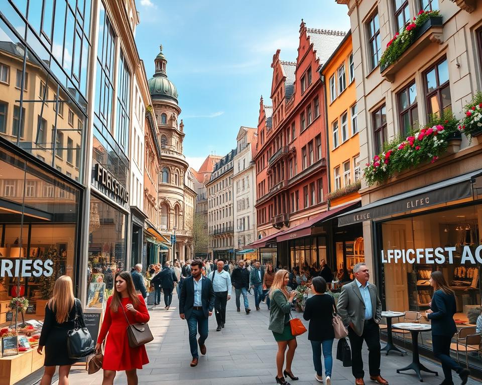 A bustling shopping scene in Leipzig's Passagen, showcasing elegant architecture with large glass windows and inviting storefronts. In the foreground, fashionably dressed shoppers explore boutiques, with a blend of professional business attire and smart casual clothing. Vibrant displays of goods spill onto the walkways, inviting passersby to browse. The middle ground features charming cafes with outdoor seating, where people enjoy coffee, enhancing the social atmosphere. In the background, stunning historic buildings rise under a clear blue sky, adorned with greenery and flowers. Soft, warm lighting bathes the scene, creating an inviting and lively atmosphere, perfect for a leisurely shopping day. The angle captures a dynamic view, combining the energy of shoppers and the beauty of the architecture.