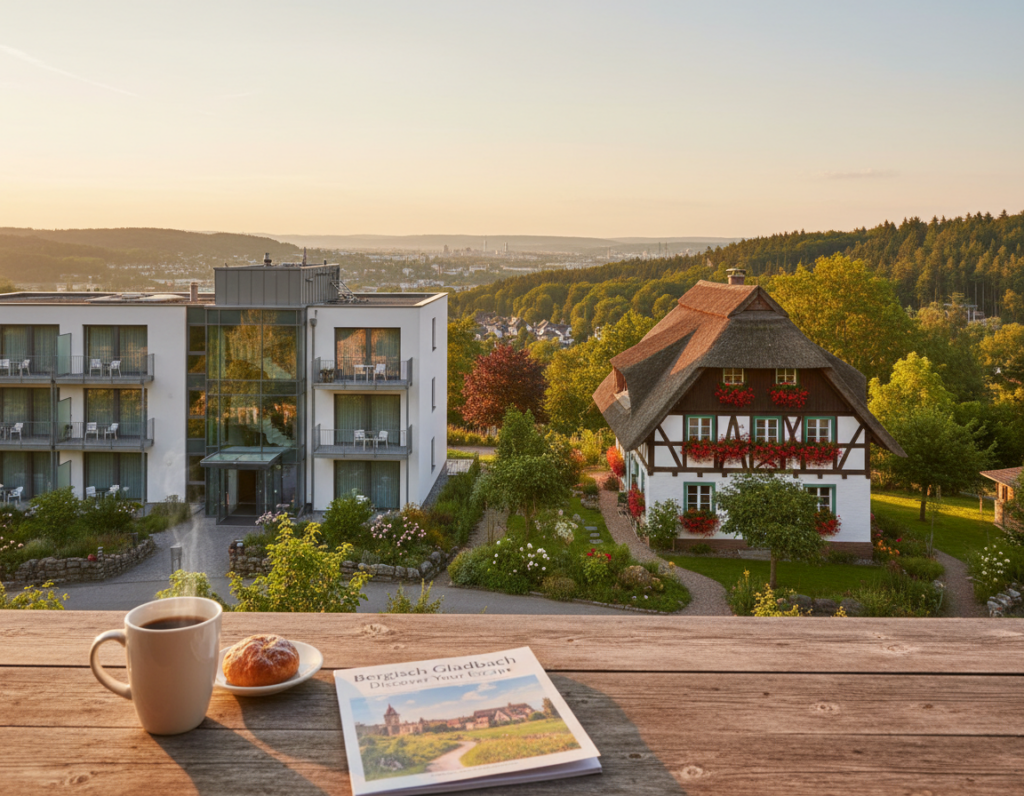 A cozy and inviting overview of Bergisch Gladbach showcasing a variety of accommodation options. In the foreground, a beautifully arranged table with a cup of coffee and an open travel guide, hinting at local attractions. In the middle ground, two distinct types of lodgings: a modern hotel with large glass windows and a charming traditional guesthouse with a thatched roof, surrounded by lush greenery. In the background, picturesque rolling hills and a hint of the city's skyline at sunset, casting a warm, golden hue over the scene. Use soft, natural lighting to evoke a peaceful, welcoming atmosphere. Capture the scene with a slightly elevated angle to provide depth and dimension, making it appealing for urban vacationers seeking diverse lodging experiences. A cozy and inviting overview of Bergisch Gladbach showcasing a variety of accommodation options. In the foreground, a beautifully arranged table with a cup of coffee and an open travel guide, hinting at local attractions. In the middle ground, two distinct types of lodgings: a modern hotel with large glass windows and a charming traditional guesthouse with a thatched roof, surrounded by lush greenery. In the background, picturesque rolling hills and a hint of the city's skyline at sunset, casting a warm, golden hue over the scene. Use soft, natural lighting to evoke a peaceful, welcoming atmosphere. Capture the scene with a slightly elevated angle to provide depth and dimension, making it appealing for urban vacationers seeking diverse lodging experiences.
