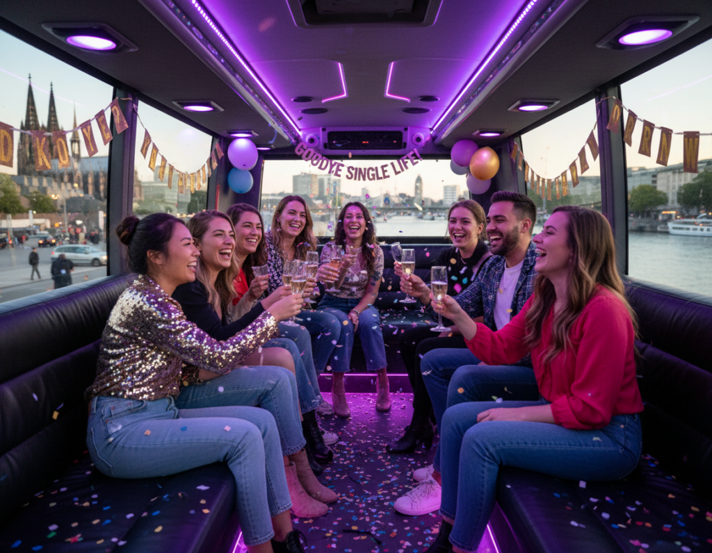 A festive scene capturing a joyful "junggesellenabschied" party inside a stylish party bus. In the foreground, a group of eight friends, diverse in ethnicity and wearing casual party attire, enjoy drinks and laughter. The bus features colorful LED lighting, comfortable seating, and decorations celebrating the groom-to-be. In the middle, through large windows, iconic Cologne landmarks like the Cologne Cathedral and the Rhine River can be seen, slightly blurred to emphasize the bus's lively atmosphere. The background captures a vibrant cityscape with people walking by, presenting a bustling party environment. The lighting is bright and cheerful, conveying a fun, celebratory mood, photographed from an angle that highlights both the interior festivities and the beautiful scenery outside.