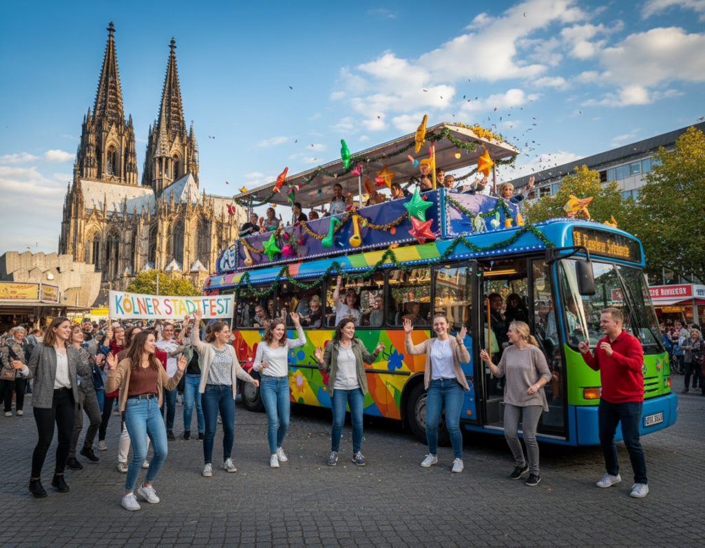 A lively city scene featuring a vibrant party bus in Cologne, Germany, set against iconic landmarks like the Cologne Cathedral. The foreground showcases the colorful party bus adorned with festive lights and energetic decorations, with its doors open to reveal passengers in modest casual clothing enjoying the atmosphere. In the middle ground, highlight groups of cheerful people, laughing and dancing, symbolizing a rolling celebration. The background captures the stunning architecture of the Cologne Cathedral under a bright blue sky with fluffy clouds, enhanced by warm, inviting sunlight casting soft shadows. The overall mood is joyous and energetic, evoking the spirit of fun and sightseeing. Use a wide-angle lens for an expansive view, emphasizing the lively interaction between the bus and its urban surroundings.