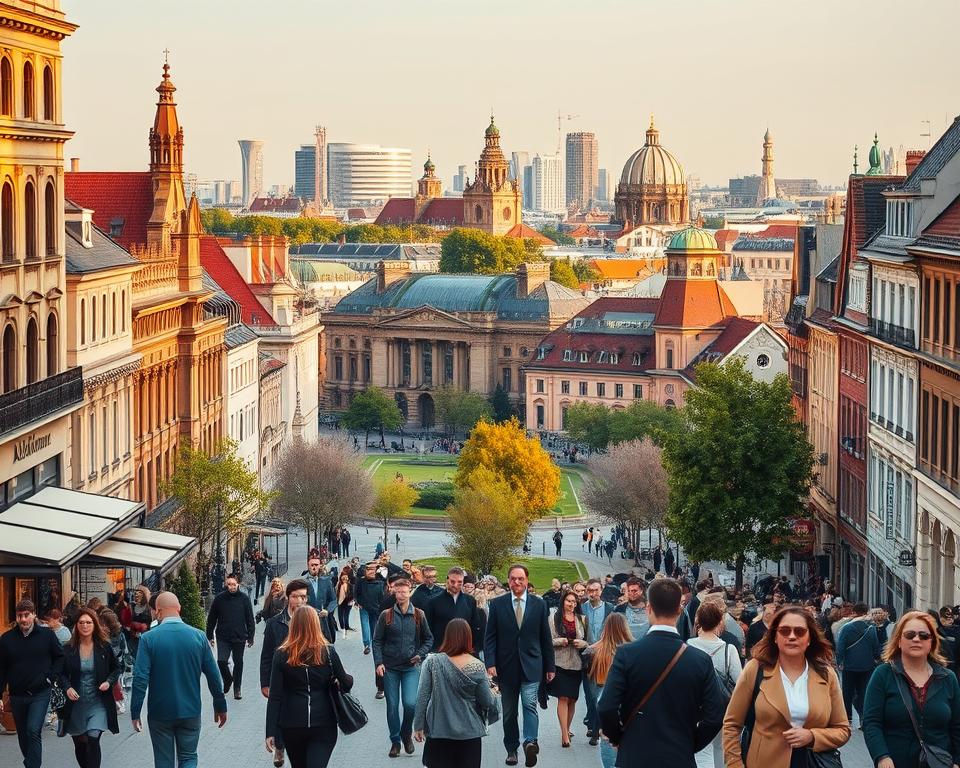 A picturesque cityscape of Leipzig, showcasing its vibrant architecture and rich history. In the foreground, a lively street scene featuring diverse groups of travelers in professional attire, exploring local cafes and shops. In the middle, iconic landmarks like the stunning Gewandhaus concert hall and historical buildings, bursting with character, are interspersed with green parks. The background reveals the majestic skyline, highlighting modern and traditional styles coexisting harmoniously. The scene is illuminated with golden hour lighting, casting warm tones and soft shadows, creating an inviting atmosphere. Capture this moment with a lens that allows for a wide-angle view, emphasizing the depth and vibrancy of a two-day urban escape in Leipzig.