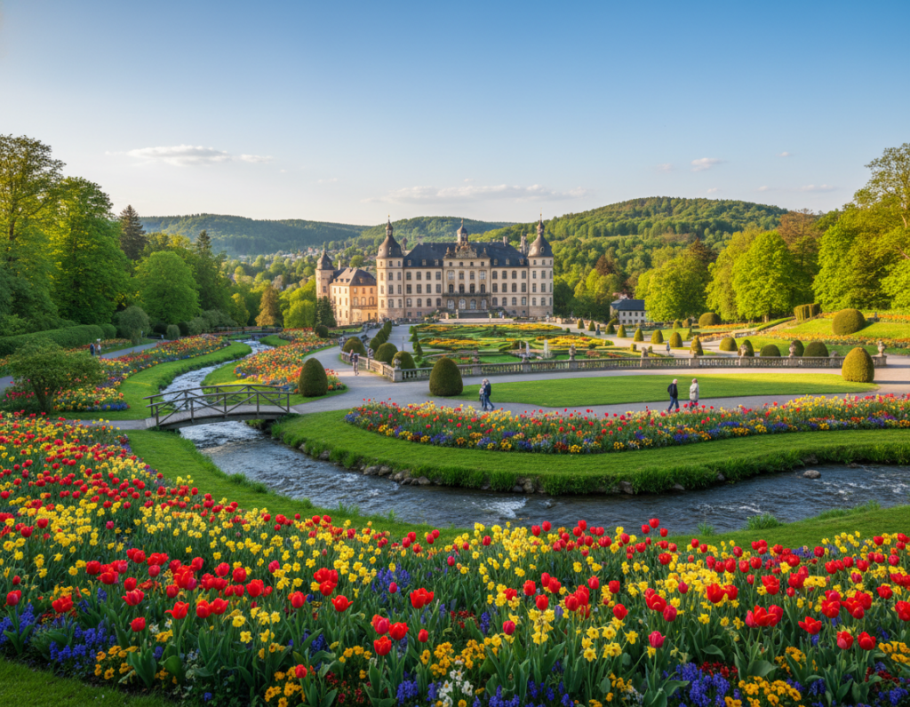A picturesque scene showcasing the stunning attractions of Bergisch Gladbach, featuring a vibrant park in the foreground with blooming flowers and a gentle stream. In the middle ground, the iconic Bensberger Schloss stands majestically, surrounded by lush greenery and well-maintained gardens, inviting visitors to explore. The background reveals rolling hills under a clear blue sky, with occasional fluffy clouds adding depth to the landscape. Warm, natural lighting illuminates the scene, creating a bright and welcoming atmosphere. Capture this image from a slightly elevated angle to emphasize the beauty of the location, evoking a sense of tranquility and leisure ideal for a city getaway. A picturesque scene showcasing the stunning attractions of Bergisch Gladbach, featuring a vibrant park in the foreground with blooming flowers and a gentle stream. In the middle ground, the iconic Bensberger Schloss stands majestically, surrounded by lush greenery and well-maintained gardens, inviting visitors to explore. The background reveals rolling hills under a clear blue sky, with occasional fluffy clouds adding depth to the landscape. Warm, natural lighting illuminates the scene, creating a bright and welcoming atmosphere. Capture this image from a slightly elevated angle to emphasize the beauty of the location, evoking a sense of tranquility and leisure ideal for a city getaway.