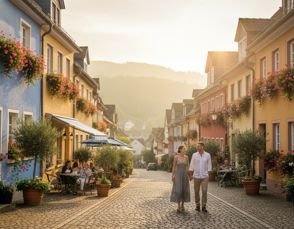 A picturesque view of Bergisch Gladbach, showcasing a charming street lined with colorful, quaint houses and vibrant flower boxes. In the foreground, a couple wearing casual yet polished attire strolls hand-in-hand, smiling as they explore the area. The middle ground features a cozy café with outdoor seating, where people enjoy coffee under colorful awnings, surrounded by lush greenery and blooming trees. In the background, the majestic hills of Bergisch Gladbach rise, partially shrouded in soft morning mist with the sun casting a warm golden light over the scene. Capture the inviting atmosphere of a city break, emphasizing the beauty and tranquility of this hidden gem in Germany. Use a warm, soft focus to enhance the inviting mood. A picturesque view of Bergisch Gladbach, showcasing a charming street lined with colorful, quaint houses and vibrant flower boxes. In the foreground, a couple wearing casual yet polished attire strolls hand-in-hand, smiling as they explore the area. The middle ground features a cozy café with outdoor seating, where people enjoy coffee under colorful awnings, surrounded by lush greenery and blooming trees. In the background, the majestic hills of Bergisch Gladbach rise, partially shrouded in soft morning mist with the sun casting a warm golden light over the scene. Capture the inviting atmosphere of a city break, emphasizing the beauty and tranquility of this hidden gem in Germany. Use a warm, soft focus to enhance the inviting mood.