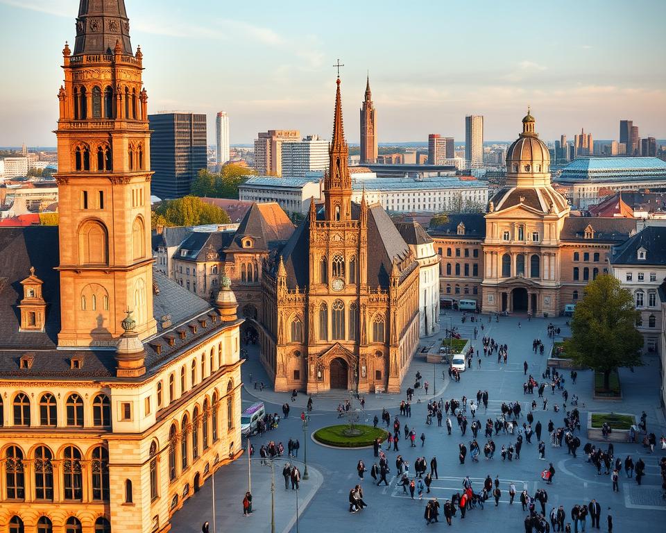 A picturesque view of Leipzig's top landmarks, showcasing the stunning architecture and cultural heritage of the city. In the foreground, the iconic Neues Rathaus (New Town Hall) with its impressive tower. In the middle ground, the bustling Nikolaikirche (St. Nicholas Church), surrounded by lively streets filled with people in professional attire, exploring the city. The background features the majestic Gewandhaus concert hall and the impressive skyline of modern buildings. The scene is bathed in warm, golden evening light, creating a welcoming atmosphere. Use a wide-angle lens to capture the full scope of the architecture and the vibrancy of city life, with a slightly elevated perspective to enhance depth and detail.