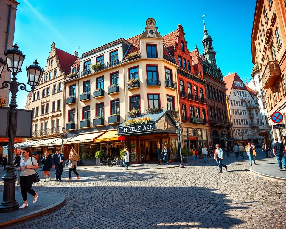 A picturesque view of a hotel in Leipzig's vibrant city center, showcasing a modern yet charming facade with large windows and inviting balconies. In the foreground, a bustling cobblestone street with elegant street lamps and a few pedestrians dressed in smart casual clothing, enjoying the atmosphere. The middle ground features the hotel entrance adorned with seasonal flowers and a welcoming sign, while people check in and out. In the background, historic buildings with unique architecture blend harmoniously with contemporary structures, under a clear blue sky. Soft, warm sunlight bathes the scene, creating a welcoming and lively mood. The composition is shot from a slight angle, mimicking a candid street photography style, focusing on the vibrancy of city life while highlighting the hotel ambiance without any text or distractions.