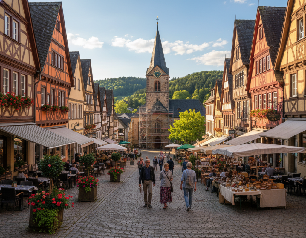 A picturesque view of the historic old town of Bergisch Gladbach, showcasing charming medieval buildings with intricate facades in warm, inviting colors. In the foreground, a cobblestone street lined with quaint cafés and flowerpots, where individuals dressed in modest casual clothing stroll leisurely. In the middle ground, stunning architecture, such as a historic church with a tall steeple and people's activities like small outdoor markets. The background features lush green hills under a clear blue sky, with sunlight casting warm, golden tones across the scene, enhancing the inviting atmosphere. Capture this enchanting moment at a slightly elevated angle to provide depth and perspective, reflecting the charm and history of the town. A picturesque view of the historic old town of Bergisch Gladbach, showcasing charming medieval buildings with intricate facades in warm, inviting colors. In the foreground, a cobblestone street lined with quaint cafés and flowerpots, where individuals dressed in modest casual clothing stroll leisurely. In the middle ground, stunning architecture, such as a historic church with a tall steeple and people's activities like small outdoor markets. The background features lush green hills under a clear blue sky, with sunlight casting warm, golden tones across the scene, enhancing the inviting atmosphere. Capture this enchanting moment at a slightly elevated angle to provide depth and perspective, reflecting the charm and history of the town.