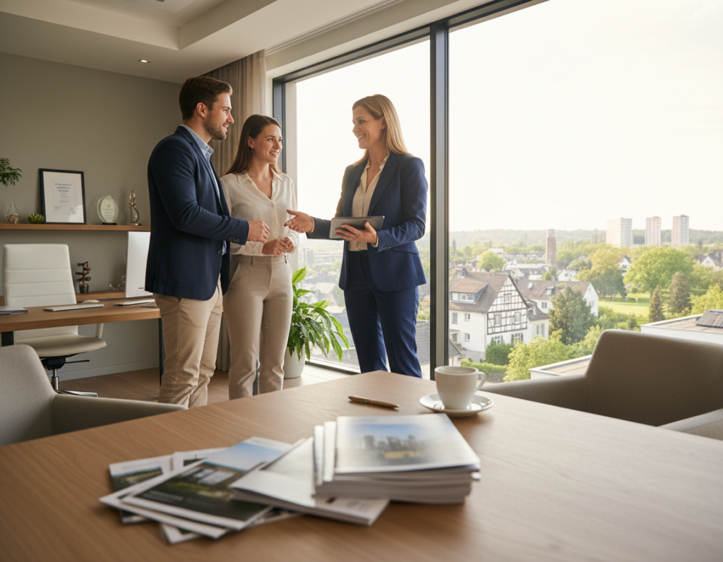 A professional real estate agent in Bergisch Gladbach, dressed in smart business attire, stands confidently in an inviting office space filled with property brochures and a sleek desk. The foreground features the agent engaging with a potential client, while the middle ground showcases a large window with a view of local architecture and green spaces typical of Bergisch Gladbach. In the background, soft natural light pours in, illuminating the modern decor and creating a warm, welcoming atmosphere. The scene conveys trust and professionalism in the real estate market, highlighting the agent’s role as a local property expert. The composition should be shot from a slightly low angle to emphasize the agent's authority and approachability. Focus on crisp details and a harmonious color palette that reflects the charm of the city. A professional real estate agent in Bergisch Gladbach, dressed in smart business attire, stands confidently in an inviting office space filled with property brochures and a sleek desk. The foreground features the agent engaging with a potential client, while the middle ground showcases a large window with a view of local architecture and green spaces typical of Bergisch Gladbach. In the background, soft natural light pours in, illuminating the modern decor and creating a warm, welcoming atmosphere. The scene conveys trust and professionalism in the real estate market, highlighting the agent’s role as a local property expert. The composition should be shot from a slightly low angle to emphasize the agent's authority and approachability. Focus on crisp details and a harmonious color palette that reflects the charm of the city.