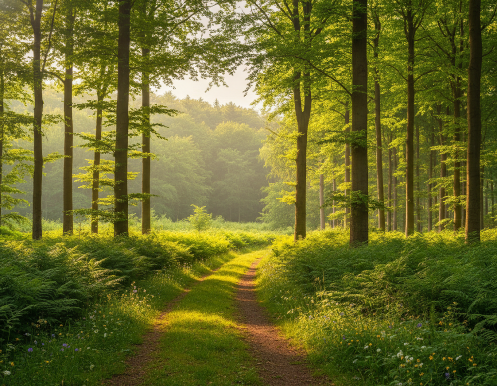 A serene natural landscape of Königsforst in Bergisch Gladbach, capturing the essence of a green oasis. In the foreground, a tranquil forest path winding through lush greenery, with vibrant ferns and delicate wildflowers framing the trail. In the middle ground, tall, majestic trees with sun-dappled leaves create a canopy overhead, filtering soft golden light that casts gentle shadows on the ground. The background features a rolling hill with a hint of mist, enhancing the sense of depth and tranquility. The scene is bathed in a warm, inviting atmosphere, reminiscent of a peaceful summer day. Use a wide-angle perspective to emphasize the expanse of nature, and ensure the lighting conveys a calming, idyllic ambiance. No people are present, allowing the focus to remain solely on the peaceful natural surroundings. A serene natural landscape of Königsforst in Bergisch Gladbach, capturing the essence of a green oasis. In the foreground, a tranquil forest path winding through lush greenery, with vibrant ferns and delicate wildflowers framing the trail. In the middle ground, tall, majestic trees with sun-dappled leaves create a canopy overhead, filtering soft golden light that casts gentle shadows on the ground. The background features a rolling hill with a hint of mist, enhancing the sense of depth and tranquility. The scene is bathed in a warm, inviting atmosphere, reminiscent of a peaceful summer day. Use a wide-angle perspective to emphasize the expanse of nature, and ensure the lighting conveys a calming, idyllic ambiance. No people are present, allowing the focus to remain solely on the peaceful natural surroundings.