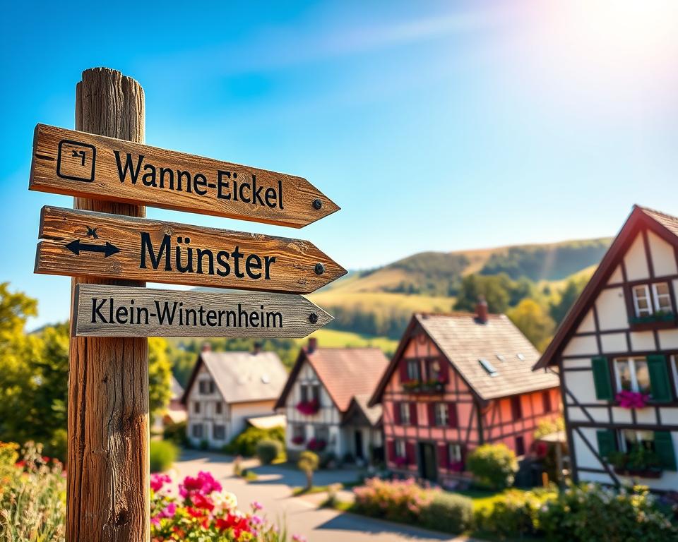 A vibrant and colorful scene depicting whimsical international-sounding place names in Germany. In the foreground, a rustic wooden signpost adorned with arrows pointing to names like "Wanne-Eickel," "Münster," and "Klein-Winternheim," showcasing artistic fonts. The middle ground features charming houses typical of German architecture, their windows blossoming with vibrant flowers. In the background, rolling hills under a bright blue sky evoke a sense of adventure. Soft, golden sunlight filters through the trees, creating a warm, inviting atmosphere. The angle is slightly elevated, capturing the essence of a delightful journey through these curious locales, perfect for illustrating a section that celebrates quirky town names. The overall mood is joyful and exploratory, inviting viewers to embark on this unique German adventure.