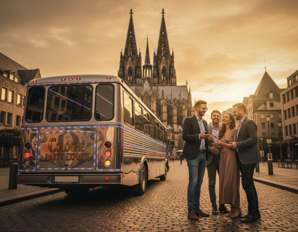 A vibrant and inviting scene showcasing a US-style party bus parked near iconic landmarks in Cologne, Germany, such as the Cologne Cathedral. In the foreground, the bus displays a polished exterior, decorated with colorful lights, symbolizing excitement and fun. The middle ground features a group of two to three people dressed in smart casual attire, discussing plans while smiling, embodying a friendly and welcoming atmosphere. In the background, Cologne’s famous architecture is visible under a warm, golden sunset, creating a lively ambiance. The scene is captured with a shallow depth of field to emphasize the bus and the people while softly blurring the cityscape. The lighting is warm and inviting, enhancing the festive mood, ideal for an engaging article on booking a party bus experience.