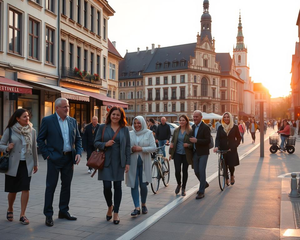 A vibrant city street scene in Leipzig showcasing safety and accessibility for travelers, with well-maintained sidewalks and clear signage. In the foreground, there are a diverse group of travelers in professional business attire and modest casual clothing, happily interacting with a friendly local guide. In the middle ground, a bike lane and a clearly marked accessible pathway are visible, along with a few cafes featuring outdoor seating. The background features iconic Leipzig architecture, such as the Old Town Hall and St. Thomas Church, bathed in warm evening light that casts gentle shadows, evoking a welcoming atmosphere. The sky is a soft pastel as the sun sets, giving the scene a tranquil vibe. Aim for a well-composed, balanced perspective that pulls the viewer into this safe and inviting city experience.