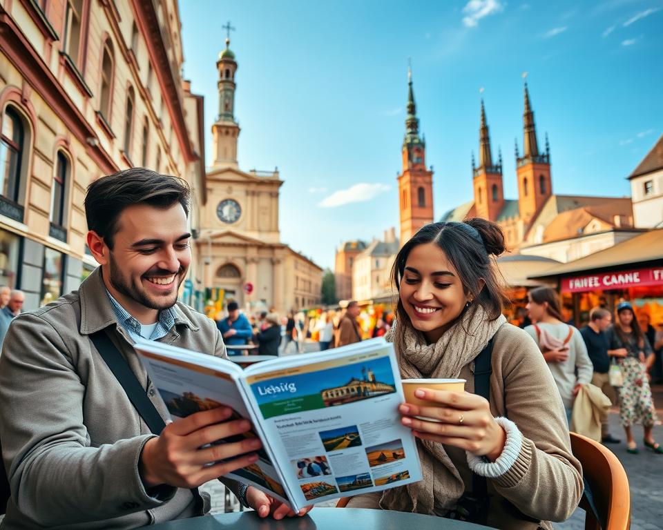 A vibrant cityscape of Leipzig showcasing budget-friendly travel opportunities. In the foreground, a cheerful couple of diverse descent, dressed in modest casual clothing, examining a travel guide and budget flyers in a cozy café. The middle layer features iconic landmarks, like the Leipzig Town Hall and the Thomaskirche, with travelers enjoying the sights. In the background, a lively marketplace fills with people and colorful stalls, emphasizing a sense of community and exploration. Soft, warm afternoon lighting radiates from a clear blue sky, creating an inviting atmosphere. The scene captures the essence of a city trip, blending culture, budget-savvy options, and experiences. Use a wide-angle lens for a dynamic composition.