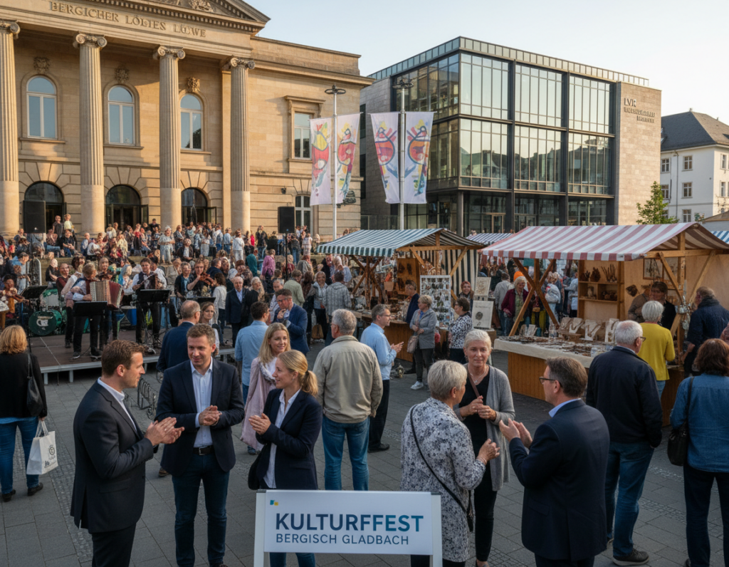 A vibrant cultural scene in Bergisch Gladbach, showcasing lively events and attractions. In the foreground, a diverse group of people dressed in professional business attire and modest casual clothing, engaging in conversations and enjoying outdoor performances. The middle ground features a charming open-air market with stalls displaying local art and crafts, surrounded by visitors exploring the offerings. The background highlights a beautiful historic theater and a museum, elegantly lit by warm afternoon sunlight, reflecting a joyous atmosphere. Capture the essence of community and artistic expression, using a wide-angle perspective to encompass all elements, with soft, natural lighting that enhances the inviting mood of the cultural offerings in this picturesque town. A vibrant cultural scene in Bergisch Gladbach, showcasing lively events and attractions. In the foreground, a diverse group of people dressed in professional business attire and modest casual clothing, engaging in conversations and enjoying outdoor performances. The middle ground features a charming open-air market with stalls displaying local art and crafts, surrounded by visitors exploring the offerings. The background highlights a beautiful historic theater and a museum, elegantly lit by warm afternoon sunlight, reflecting a joyous atmosphere. Capture the essence of community and artistic expression, using a wide-angle perspective to encompass all elements, with soft, natural lighting that enhances the inviting mood of the cultural offerings in this picturesque town.