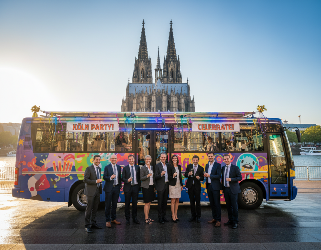 A vibrant party bus parked in front of iconic landmarks in Cologne, such as the Cologne Cathedral and the Rhine River. The foreground features the bus adorned with colorful decorations and 'party' elements, like banners and lights, creating a festive atmosphere. In the middle ground, groups of well-dressed individuals in professional attire are enjoying themselves, emphasizing a sense of celebration and community. The background showcases a sunny day, with clear blue skies and the historic architecture of the city. Soft lighting enhances the lively mood, with bright reflections on the bus’s surface. The scene is captured at a dynamic angle, showcasing both the bus and the landmarks, inviting viewers to explore the enchanting city of Cologne in style and safety.