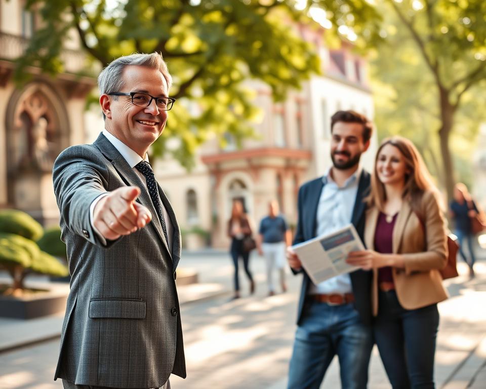 A vibrant scene showcasing a real estate agent and a prospective buyer in Leipzig, Germany, as they explore a charming residential neighborhood. The foreground features the agent, a middle-aged man in a tailored suit and a friendly demeanor, pointing toward a beautiful old building with intricate architecture. The buyer, a young couple dressed in smart casual attire, appears engaged and excited, holding a brochure. In the background, tree-lined streets and classic Leipzig architecture create a picturesque setting, bathed in warm afternoon light. Soft focus on passersby enjoying the serene atmosphere. Capture a sense of optimism and professionalism, emphasizing the architectural beauty and inviting nature of the area. Use a slightly elevated angle to encompass both the characters and the enchanting neighborhood.