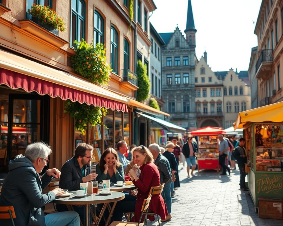 A vibrant scene showcasing hidden gems in Leipzig, emphasizing alternative neighborhoods beyond the typical tourist spots. In the foreground, a cozy café with outdoor seating, filled with patrons enjoying coffee and pastries, dressed in casual yet stylish attire. The middle ground features a lively street market, with colorful stalls selling handmade crafts and local delicacies. The background displays charming old buildings with unique architectural details, adorned with greenery, under a bright, sunny sky. The lighting is warm and inviting, creating a cheerful atmosphere. The scene is captured from a slightly elevated angle to provide depth, highlighting the vibrancy and community spirit of Leipzig's lesser-known areas.