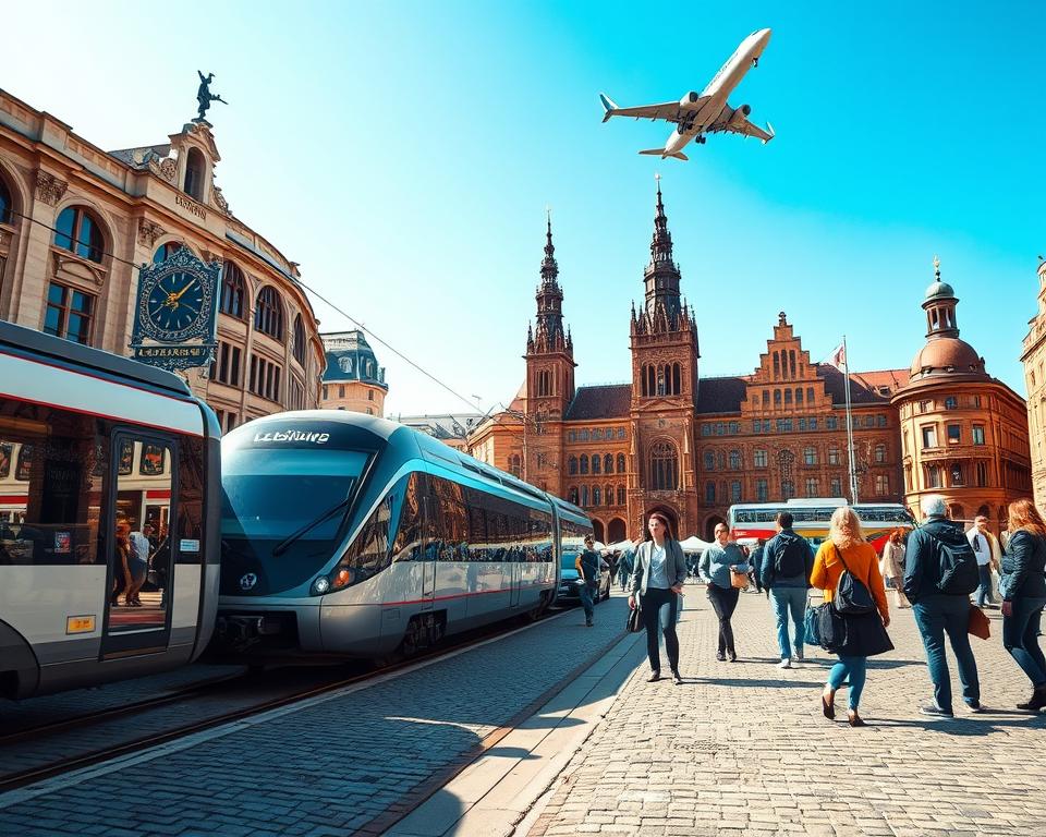 A vibrant transportation scene showcasing the arrival in Leipzig. In the foreground, a modern train arriving at the bustling Leipzig Hauptbahnhof, reflecting the efficiency of rail travel. To the left, a sleek car parked by a charming cobblestone street lined with traditional German architecture, symbolizing road travel. On the right, an airplane soaring in the blue sky above, representing air travel options. The middle ground features a blend of travelers, dressed in smart casual clothing, eagerly navigating their arrival, embodying a sense of adventure. The background is filled with Leipzig's iconic landmarks, bathed in warm sunlight, enhancing the welcoming atmosphere. Capture the scene from a slightly elevated angle to encompass all elements while focusing on the dynamic interactions among transportation modes. Aim for a bright, lively mood to evoke excitement about exploring Leipzig.