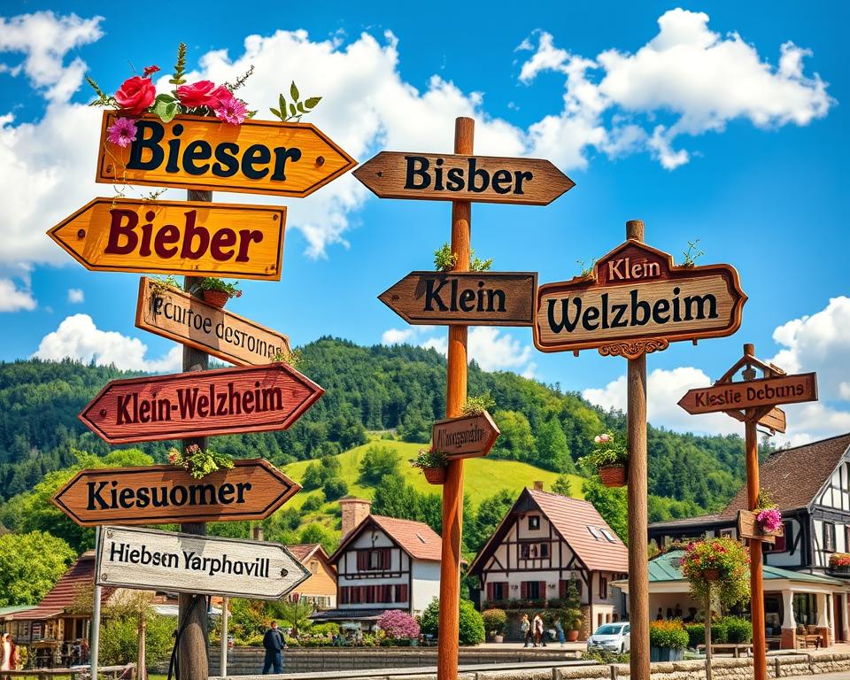 A whimsical and colorful collage showcasing quirky town names from Hessen and Bayern, featuring vibrant signposts displaying unusual names like "Bieber" and "Klein-Welzheim." Foreground: Playful, artistic signposts made of wood and metal, adorned with flowers and greenery. Middle: Lush, green landscapes with picturesque Bavarian architecture, charming houses with thatched roofs and blooming gardens. Background: A clear blue sky with fluffy white clouds, giving a sense of openness and cheerfulness. The lighting is warm and inviting, creating a sunny afternoon atmosphere. The angle should be slightly tilted, adding a dynamic feel, as if inviting viewers to explore these amusing locales. The overall mood is light-hearted and cheerful, perfect for celebrating the fun side of German place names. No text or watermarks should be present.