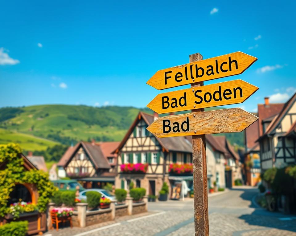 A whimsical and humorous depiction of Germany's towns with ambiguous names. In the foreground, feature a quirky signpost with playful, ambiguous town names like "Fellbach" and "Bad Soden" shaped like arrows pointing in various directions. The middle ground should include a picturesque German village scene with traditional half-timbered houses and cobblestone streets, showcasing vibrant flowers in window boxes. In the background, rolling green hills under a bright blue sky enhance the cheerful atmosphere. Use soft, warm lighting to evoke a light-hearted mood, and capture the scene with a slightly tilted angle to add dynamic energy. The overall composition should feel inviting and amusing, reflecting the quirky essence of these unique locations without any text or labels.