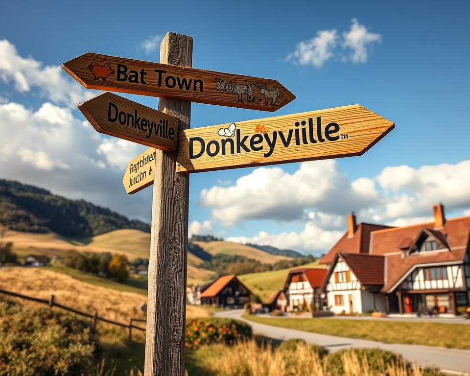 A whimsical landscape showcasing humorous animal-themed town names in Germany. In the foreground, a charming wooden signpost with multiple directional arrows pointing to fictional towns like "Bat Town," "Donkeyville," and "Piglet Junction," adorned with playful illustrations of the respective animals. In the middle ground, rolling hills and quaint German-style half-timbered houses add a rural touch, evoking a lighthearted atmosphere. In the background, a bright blue sky with fluffy white clouds enhances the cheerful mood, while warm sunlight bathes the scene in golden hues. The angle captures both the signpost and the houses prominently, creating an inviting and cheerful setting that embodies curiosity and fun without any text or distractions.